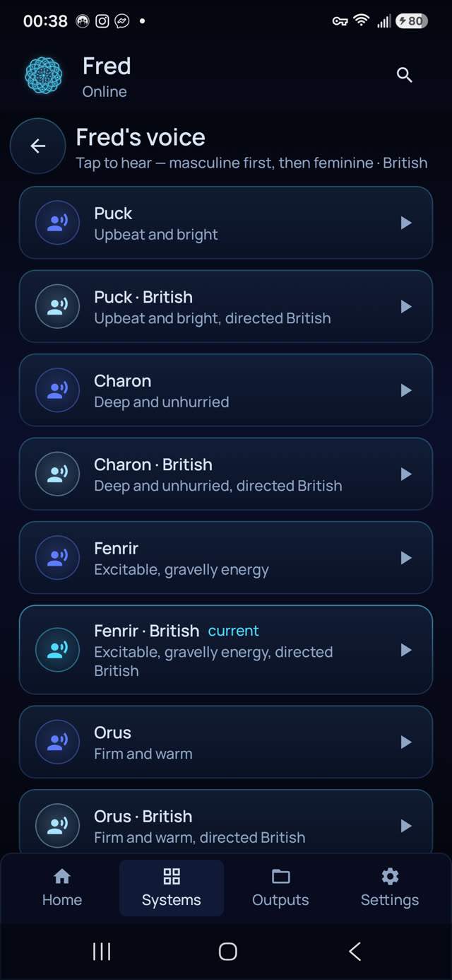 The Fred Android app voice picker — more than fifty voices for spoken conversation with your own local assistant
